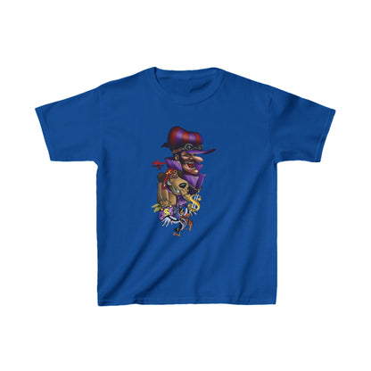 Unisex Kids Dastardly and Muttley Cotton T-Shirt Tee Youths Childs in deep blue showcasing a high-definition print of the beloved Dastardly and Muttley characters.
