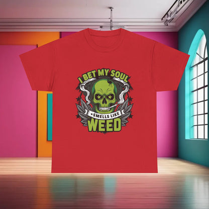 420 Cannabis Marijuana Graphic T-Shirt adorned with a striking skull motif and the saying 'I Bet My Soul Smells Like Weed', perfect for contemporary urban fashion.