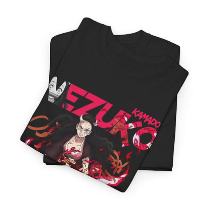 Stylishly arranged black T-shirts displaying the striking Nezuko Kamado graphic, showcasing vibrant anime artistry for a contemporary wardrobe.