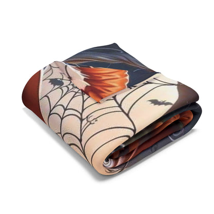 Luxurious Decorative and Warm Halloween Spooky Arctic Fleece Blanket folded, showcasing intricate Halloween design with spider web patterns and festive colours, ideal for seasonal comfort. Available in 3 sizes.