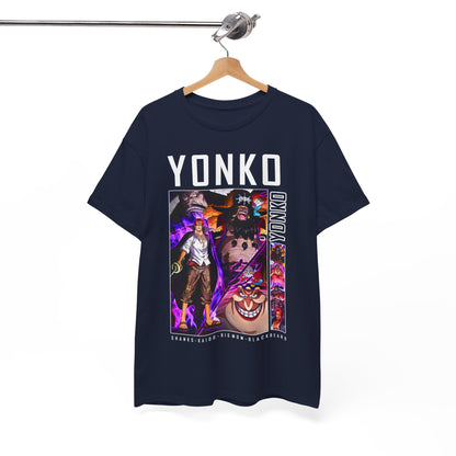 Luxury navy blue YONKO graphic tee featuring iconic anime characters Shanks, Kaido, Big Mom, and Blackbeard, designed for anime enthusiasts seeking stylish streetwear.