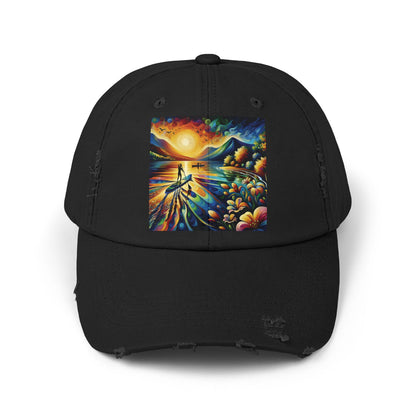 Unisex Distressed Paddleboarders Cap showcasing a vibrant paddleboarding scene, designed for adventurous paddlers seeking cool sun protection.