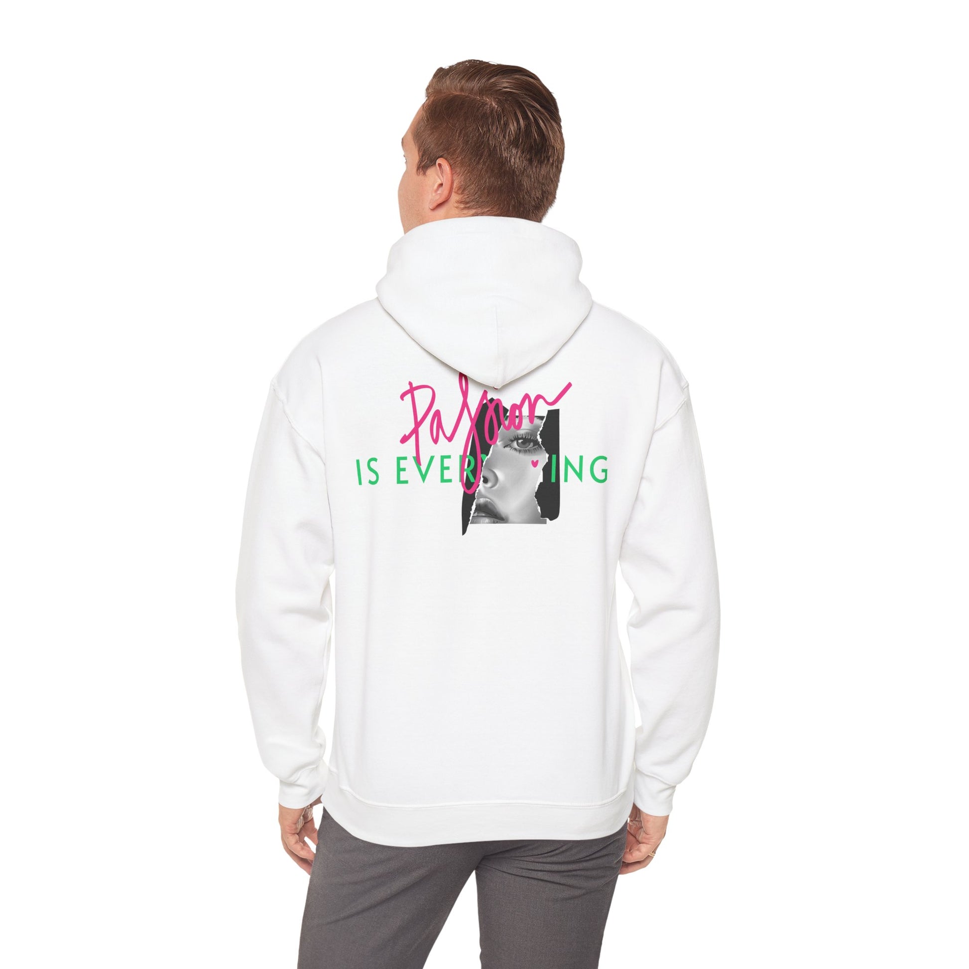 Man wearing the white Passion Is Everything hoodie, highlighting its stylish back design with bold graphics.