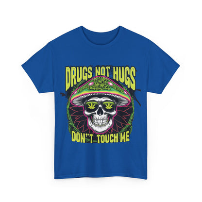 420 Cannabis Marijuana Graphic T-Shirt in striking blue displaying 'Drugs Not Hugs' skull graphic, ideal for stylish cannabis culture aficionados.