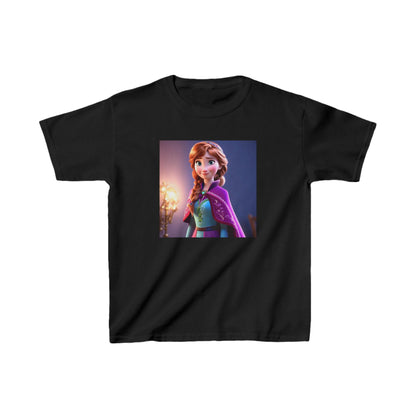 Kids Frozen Anna Heavy Cotton T-Shirt in black, showcasing an enchanting image of Anna from Disney's Frozen, designed for ultimate comfort and elegance.