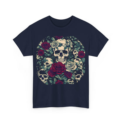 Front view of the Skulls and Roses Cotton Tee in navy, showcasing a stunning illustration of skulls and roses, a luxurious addition to any wardrobe.