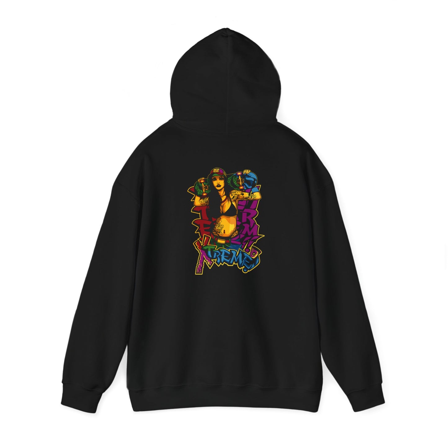 Elegant rear view of a black hoodie adorned with a dynamic skateboarder graphic, merging bold colours for an artistic streetwear look.