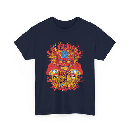 Stylish men's t-shirt in navy blue, adorned with a striking sugar skull graphic, conveying a festive and artistic essence, ideal for making a bold fashion statement.