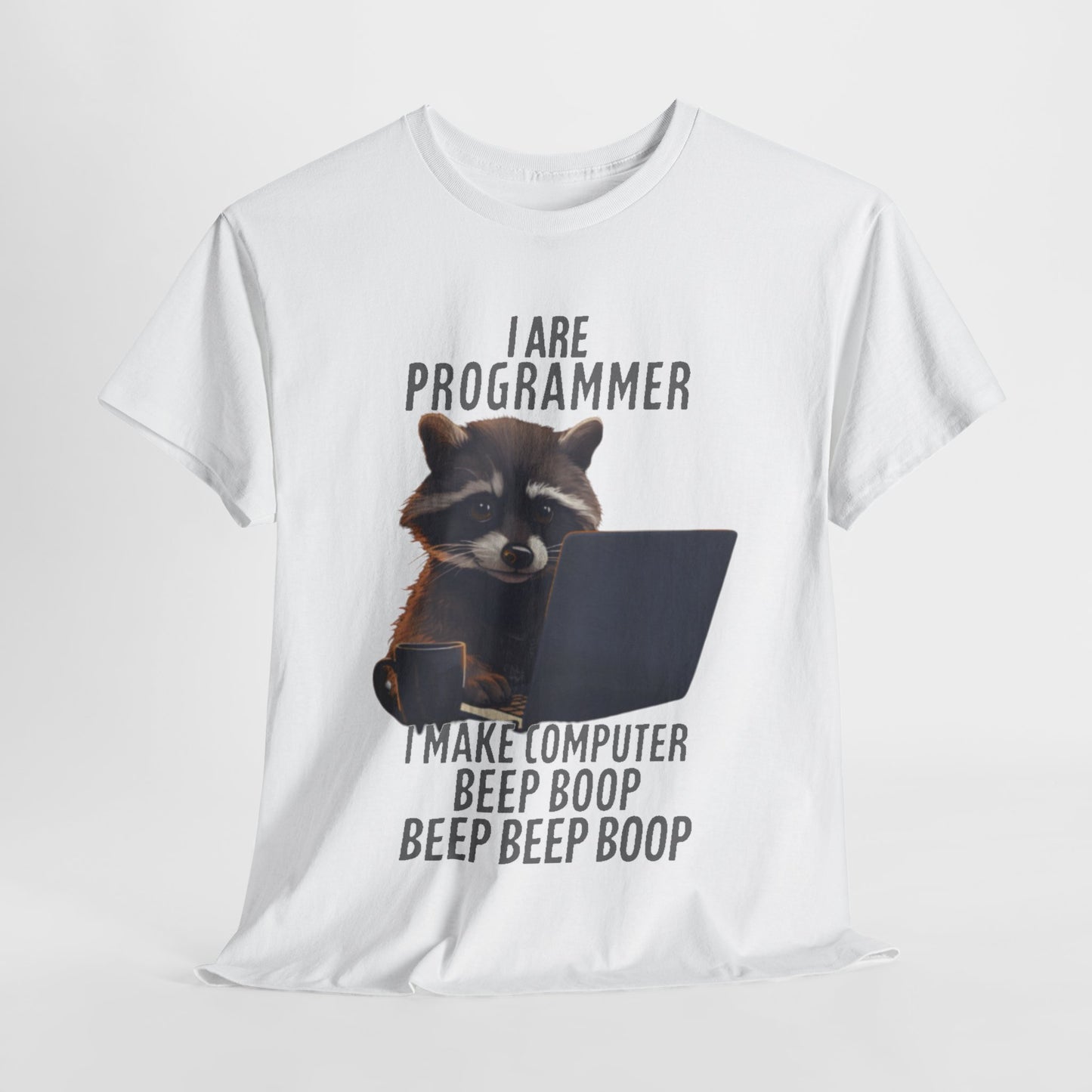 Funny Raccoon Programmer T-Shirt - 'I Are Programmer' Cartoon Graphic Tee for Coders and Tech Enthusiasts