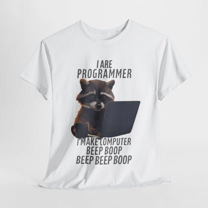 Luxury Funny Raccoon Programmer T-Shirt featuring cartoon raccoon with laptop and witty text 'I Are Programmer' - perfect for tech enthusiasts.