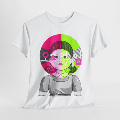 Luxurious Squid Game unisex T-shirt featuring a vibrant graphic of a girl with bold colours, embodying a playful yet stylish statement for fans of the hit series.