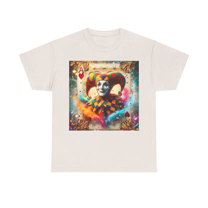 Harlequin Playing Card Graphic Tee in soft white, elegantly displaying a vibrant harlequin design, perfect for enhancing everyday luxury.