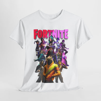 Luxurious Fortnite-themed T-shirt featuring a bold and vibrant design with iconic characters, showcasing an exquisite print of gaming culture on a premium white cotton fabric.