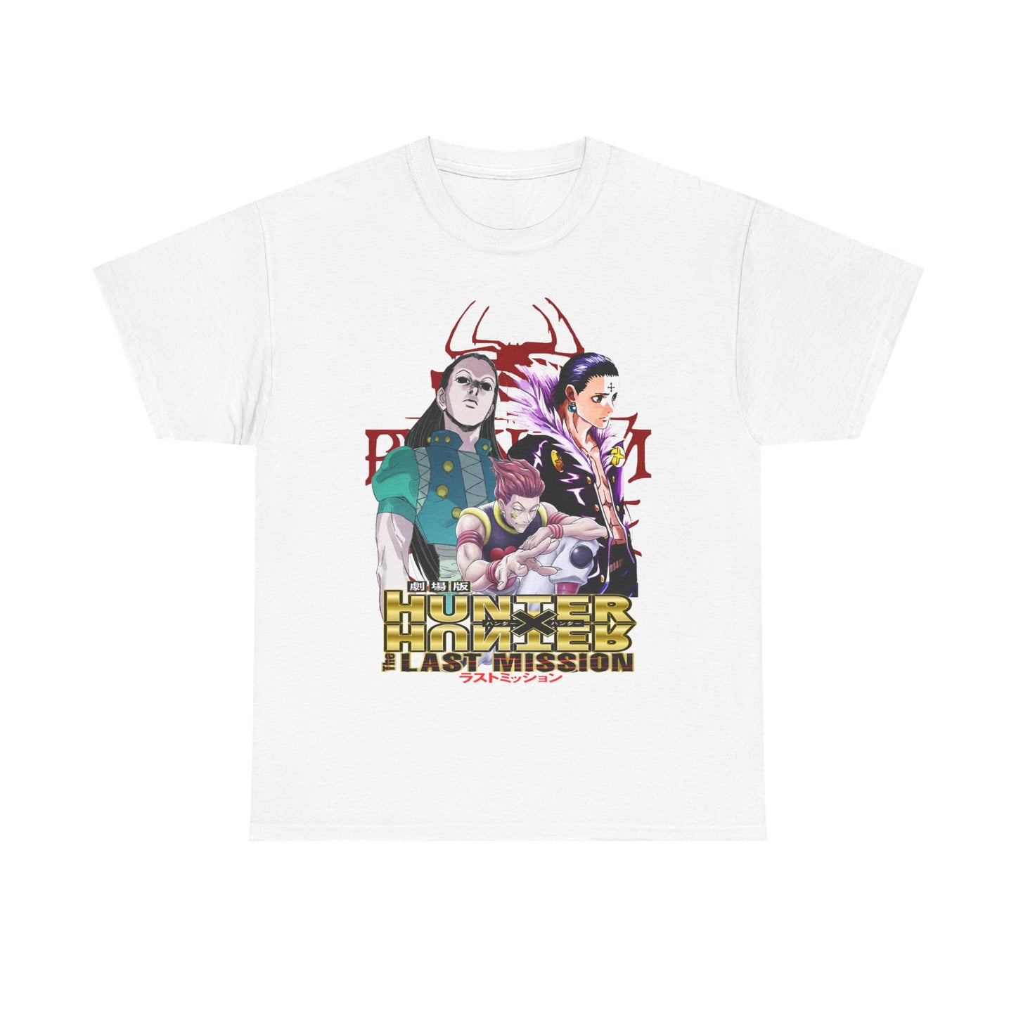 Sophisticated white Hunter x Hunter T-shirt featuring bold graphics of beloved characters from The Last Mission anime, blending comfort with high-end fashion.