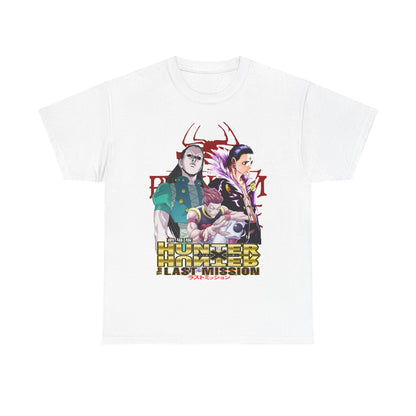 Sophisticated white Hunter x Hunter T-shirt featuring bold graphics of beloved characters from The Last Mission anime, blending comfort with high-end fashion.