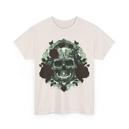 Front view of the Skulls and Roses Cotton Tee featuring a striking graphic design with skull and rose artwork, embodying edgy elegance.