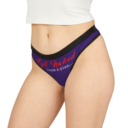 Stylish women's thong in rich purple, worn by a model, featuring a cheeky 'Get Naked' message, perfect for gifting on special occasions.