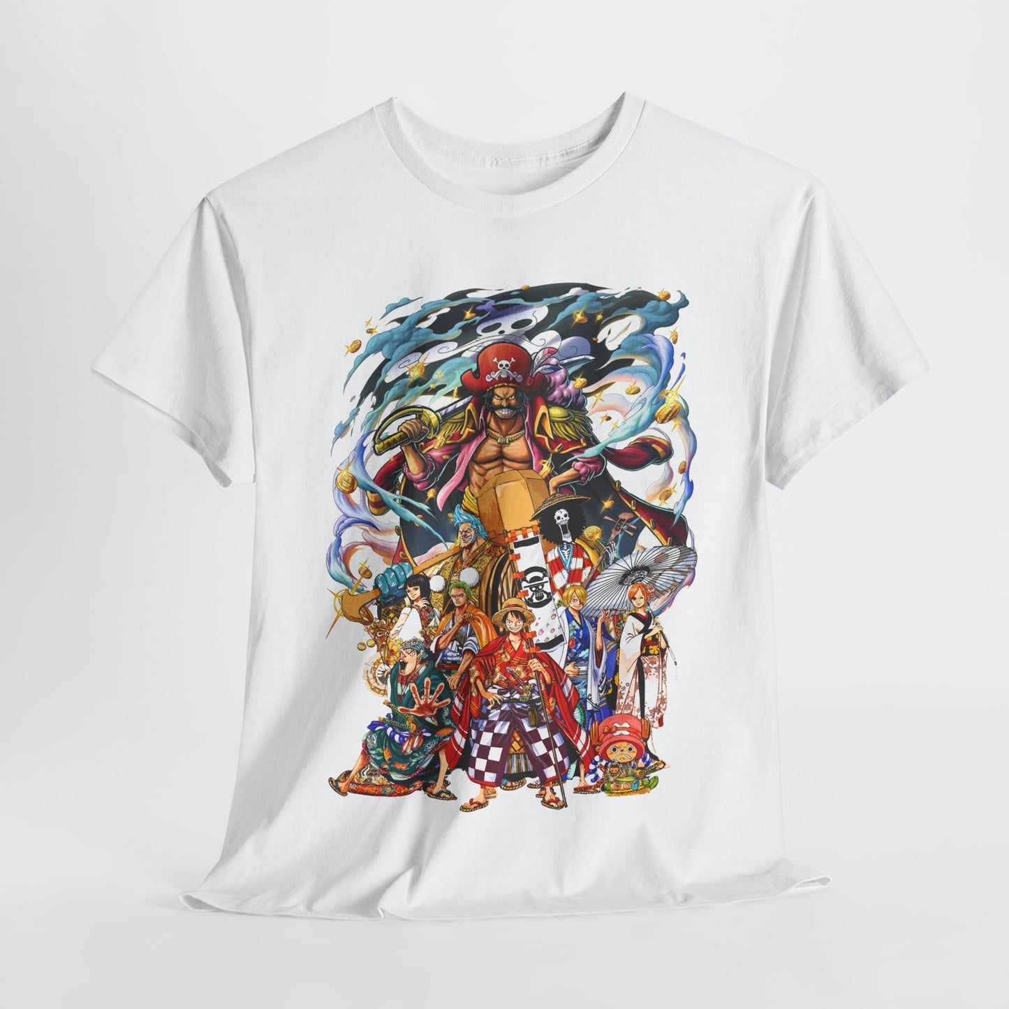 Stylish white t-shirt adorned with a dynamic anime graphic of a pirate and friends, capturing a sense of adventure and nostalgia, ideal for cosplay and casual wear.