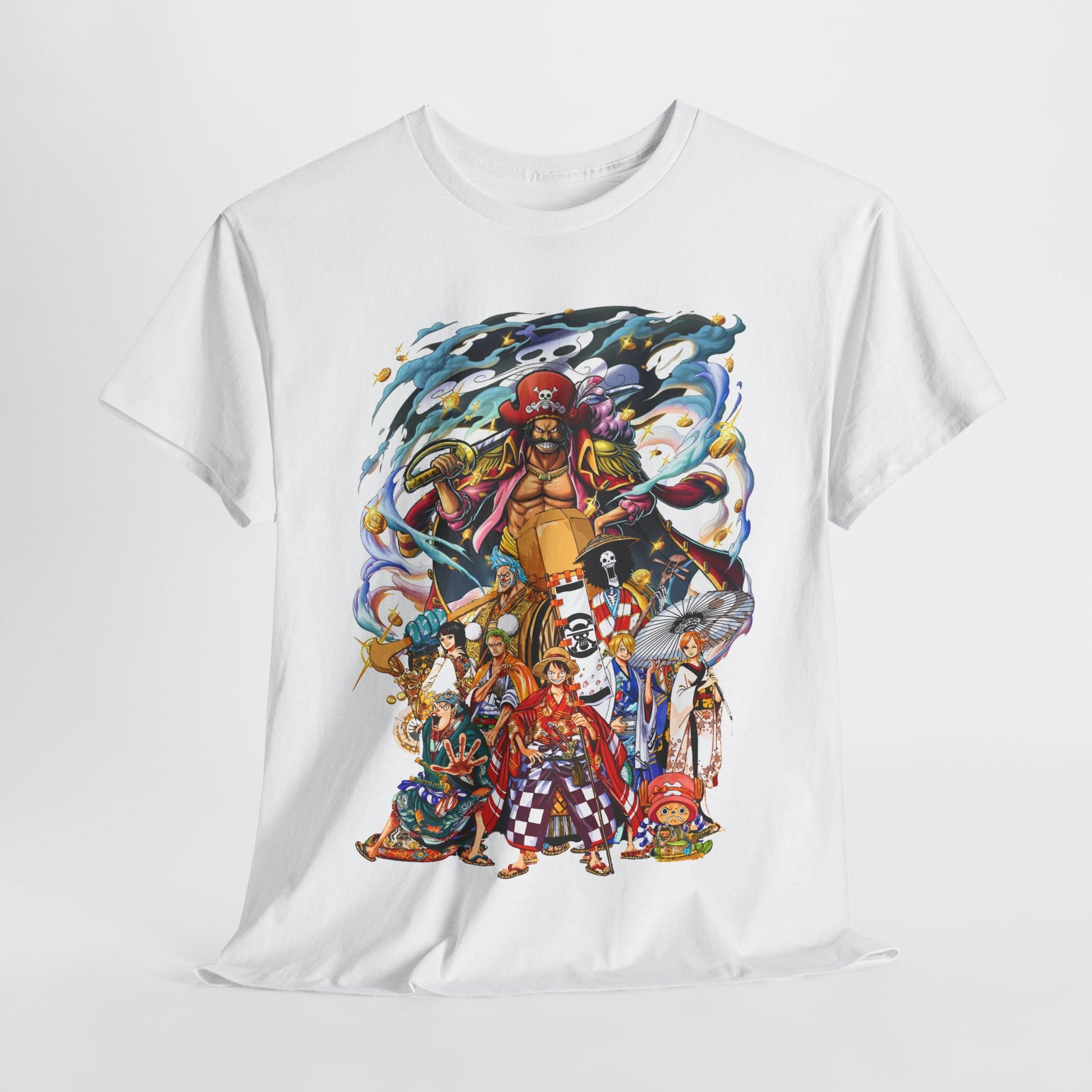Stylish white t-shirt adorned with a dynamic anime graphic of a pirate and friends, capturing a sense of adventure and nostalgia, ideal for cosplay and casual wear.