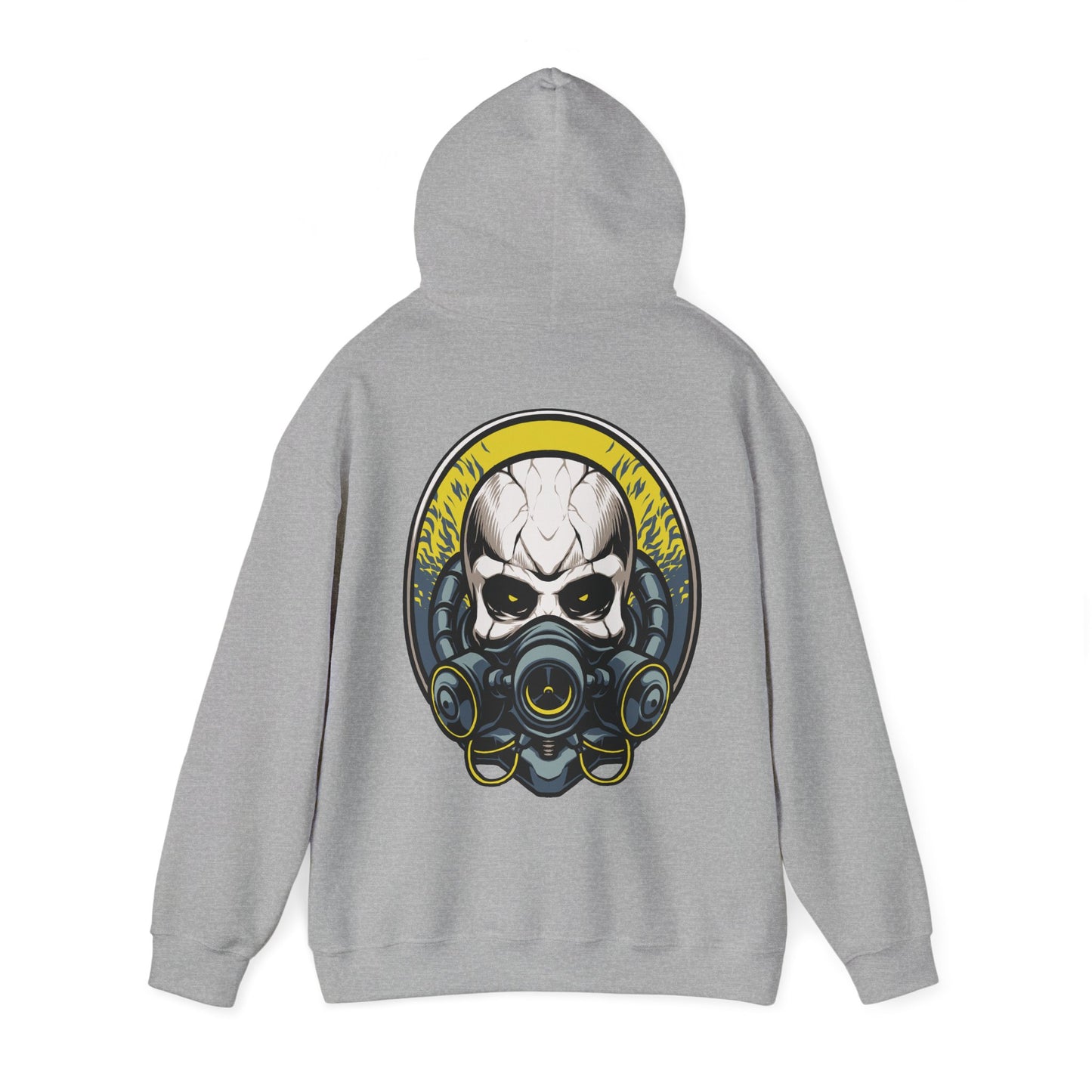 Luxurious steampunk skull hoodie with fierce gas mask design, featuring bold golden accents on a soft grey background, perfect for making a striking fashion statement.