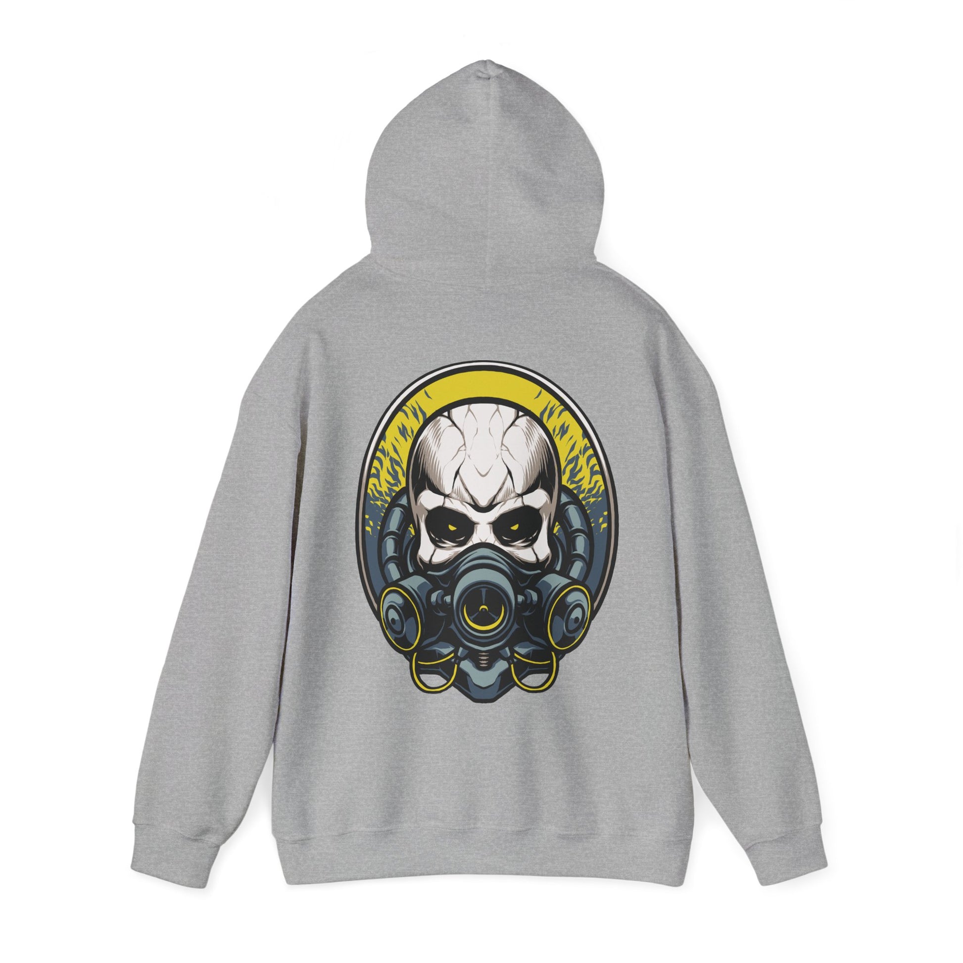 Luxurious steampunk skull hoodie with fierce gas mask design, featuring bold golden accents on a soft grey background, perfect for making a striking fashion statement.