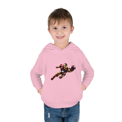 Luxury Kids Unisex Iron Man in Flight Hoodie, front view worn by a young boy, stylish fleece sweater for ages 2-5 years.