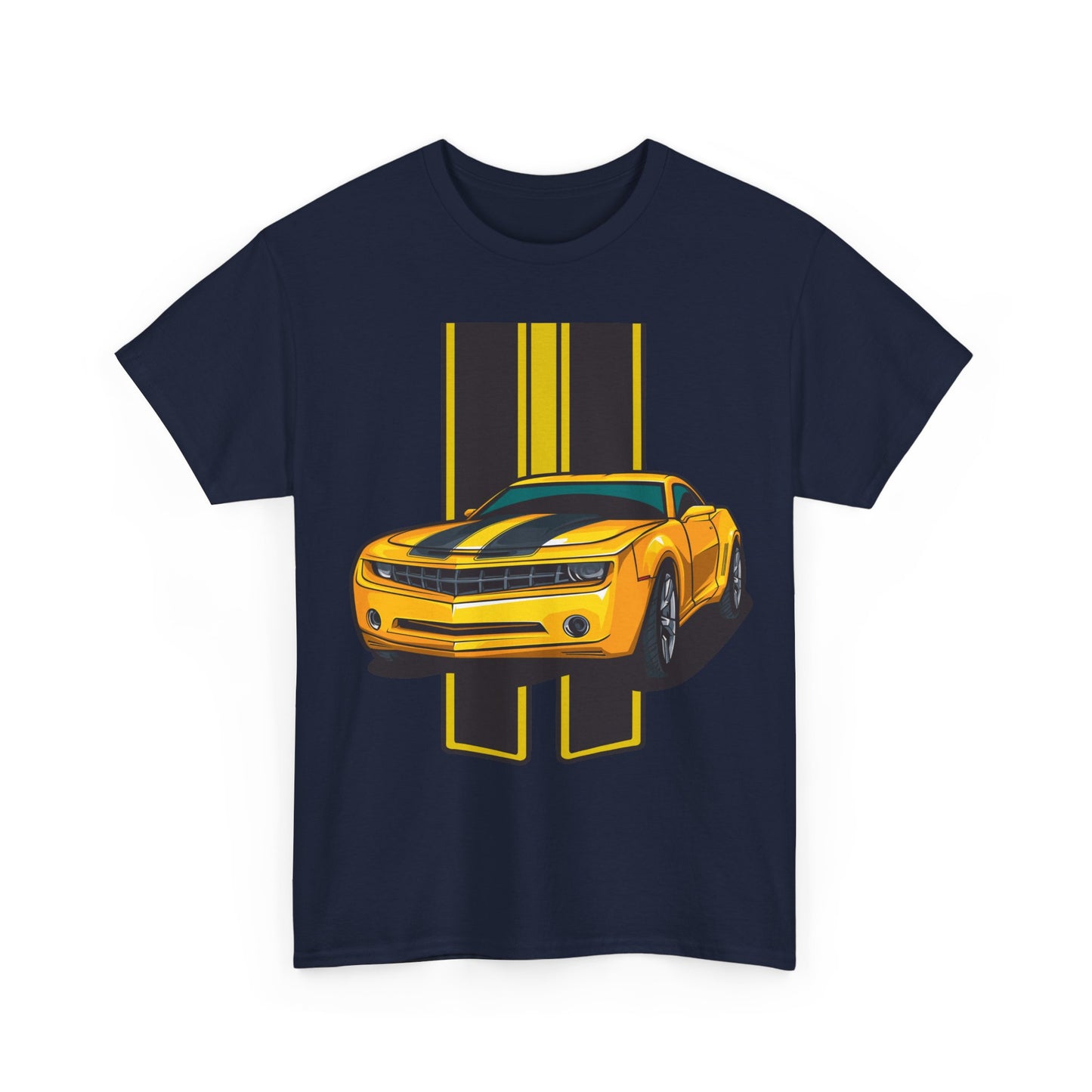Front view of a stylish navy blue T-shirt featuring a striking neon yellow Camaro graphic, accentuated by sleek black racing stripes, perfect for automotive enthusiasts.