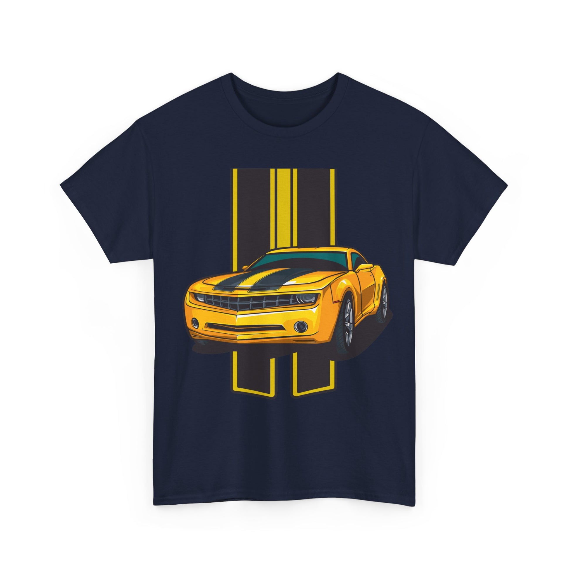 Front view of a stylish navy blue T-shirt featuring a striking neon yellow Camaro graphic, accentuated by sleek black racing stripes, perfect for automotive enthusiasts.