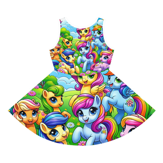 Chic summer style embodied in the Isabella Lollipop Girls Sundress by Dazzling Dreams Studio, showcasing a playful pony motif against a serene background.