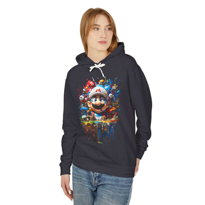 Model wearing Unisex Computer Game Graphic Lightweight Hooded Sweatshirt in dark grey, exhibiting a stylish gaming graphic.