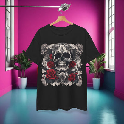 Luxurious Skulls and Roses Cotton Tee displayed on a hanger in a vibrant pink room, featuring intricate steampunk skull and rose design, perfect for edgy fashion enthusiasts.