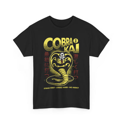 Elegant unisex Cobra Kai graphic t-shirt showcasing a bold snake emblem and witty text, perfect for fans of high-quality fashion with a martial arts flair.