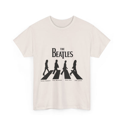 Front view of an elegant The Beatles unisex cotton graphic tee displaying the Abbey Road logo and band member silhouettes, ideal for fashion-forward fans.