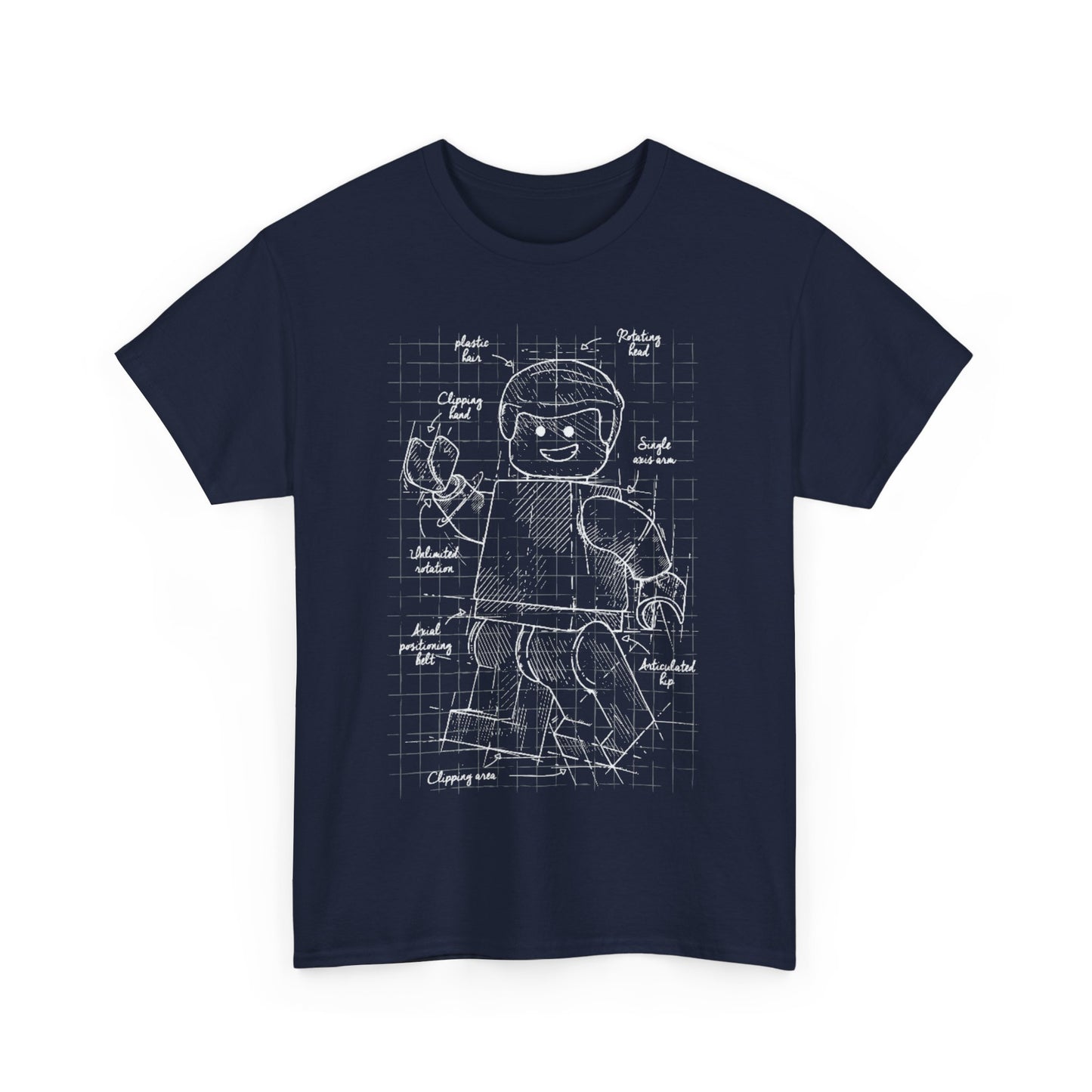 Premium men's t-shirt in navy blue adorned with a detailed blueprint sketch of an articulated Lego figure, exuding creativity and craftsmanship.