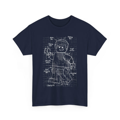 Premium men's t-shirt in navy blue adorned with a detailed blueprint sketch of an articulated Lego figure, exuding creativity and craftsmanship.