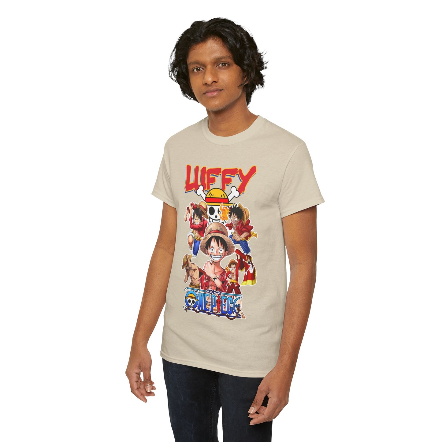 Another model elegantly presenting the beige t-shirt featuring Monkey D. Luffy and Straw Hat crew, demonstrating a sophisticated blend of anime and fashion.