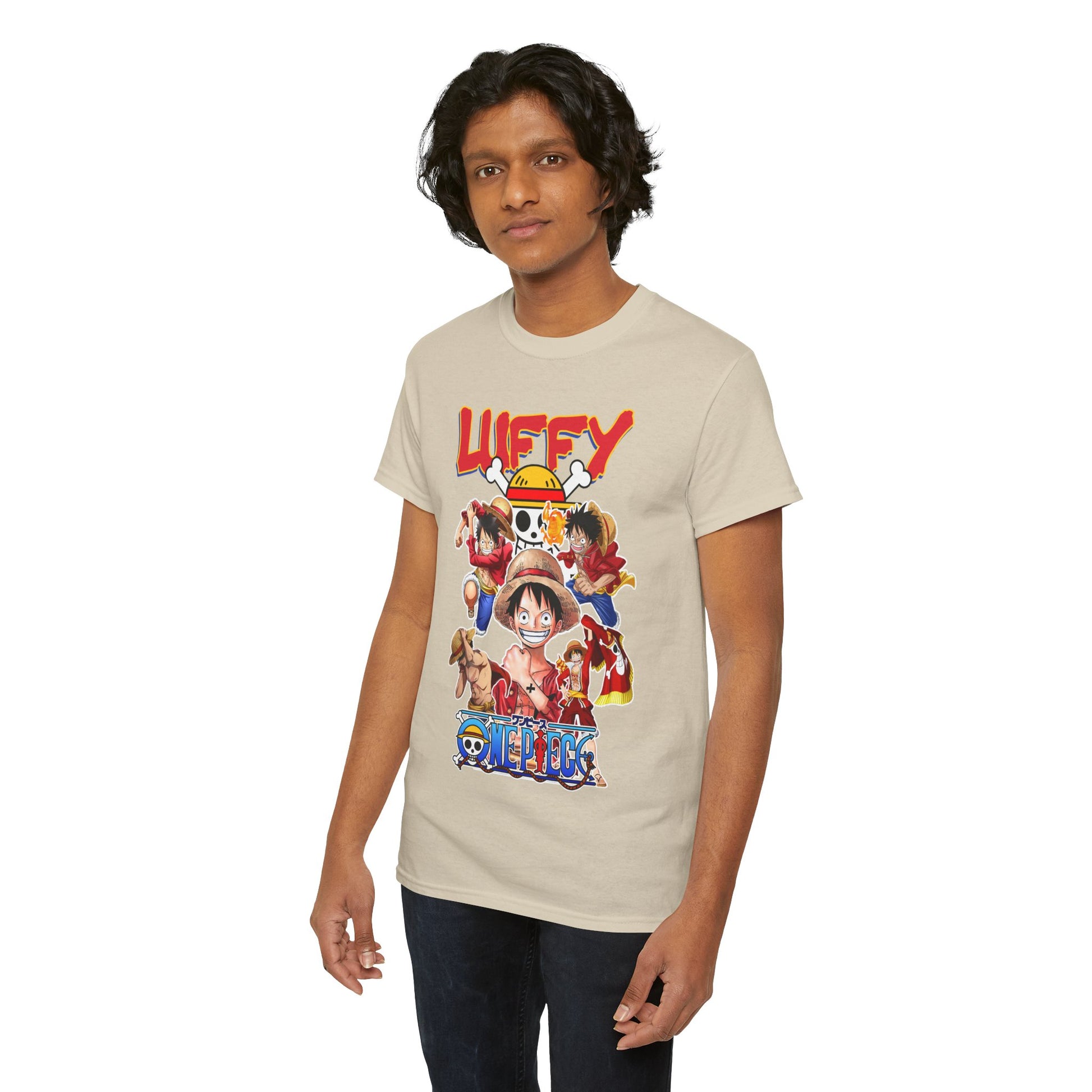 Another model elegantly presenting the beige t-shirt featuring Monkey D. Luffy and Straw Hat crew, demonstrating a sophisticated blend of anime and fashion.