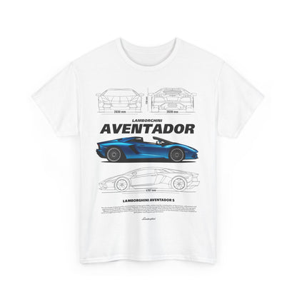 Sophisticated white men's t-shirt featuring a striking Lamborghini Aventador graphic, combining luxury style with detailed automotive design.