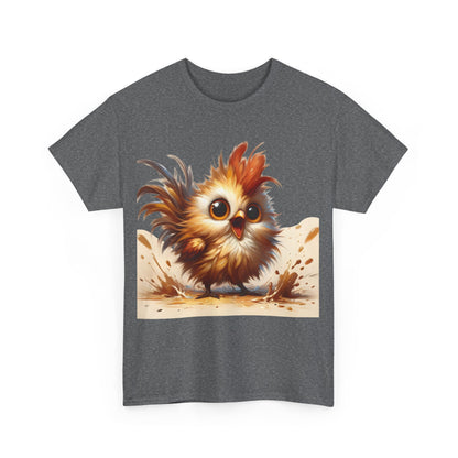 Front view of the elegant Explosive Joy Tee - Cartoon Bird Edition in dark grey, highlighting a whimsical bird illustration perfect for casual outings.