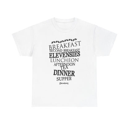 Stylish white tee showcasing whimsical Lord of the Rings-inspired meal names vertically arranged in a chic font, perfect for fans of Tolkien's enchanting universe.