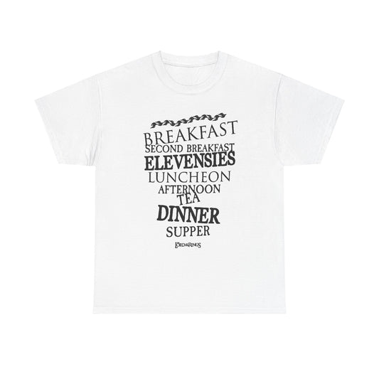 Stylish white tee showcasing whimsical Lord of the Rings-inspired meal names vertically arranged in a chic font, perfect for fans of Tolkien's enchanting universe.