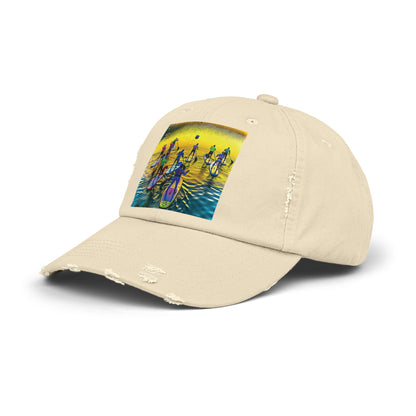 Side angle of the Unisex Distressed Paddleboarders Cap displaying a fantasy paddleboarding scene, perfect for adding a unique touch to beach outings.