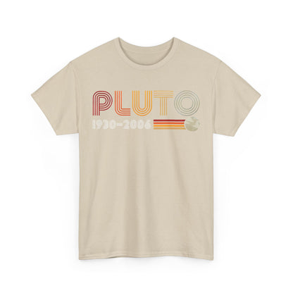 Front view of the PLUTO Retro Graphic Unisex T-Shirt in Soft Cotton, displaying a classic vintage style with gradient text and planetary motif, designed for cosmic appreciation.