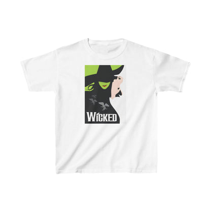 Unisex Kids Wicked Movie Graphic T-Shirt Tee in white, elegantly featuring a whimsical design inspired by the iconic Wicked Movie, perfect for young fans of theatrical artistry.