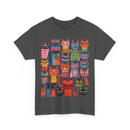 Purrfection Graphic T-Shirt showcasing whimsical stylised cats in bright colours on a dark heather cotton tee, ideal for a chic urban look.
