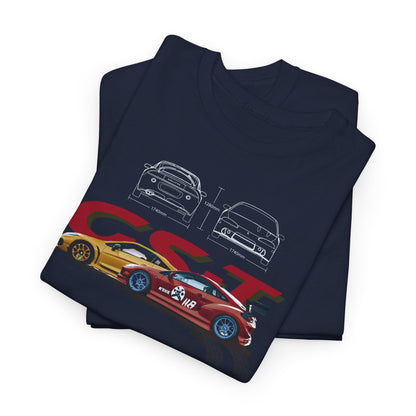 Luxurious navy blue Mitsubishi Eclipse GST men's t-shirt featuring bold graphic designs of the iconic sports car from multiple perspectives, showcasing its artistic details and automotive passion.