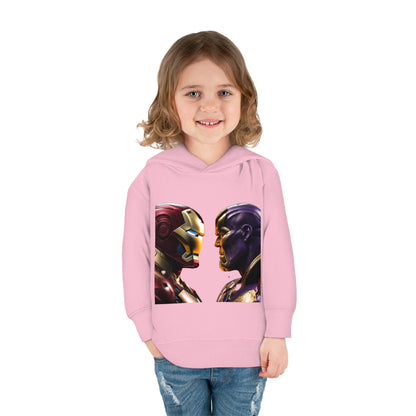 A young girl smiling while wearing the Iron Man Vs Thanos Child's Unisex Hoodie in pink, highlighting the captivating graphic of Iron Man and Thanos, designed for ages 2-5 years.