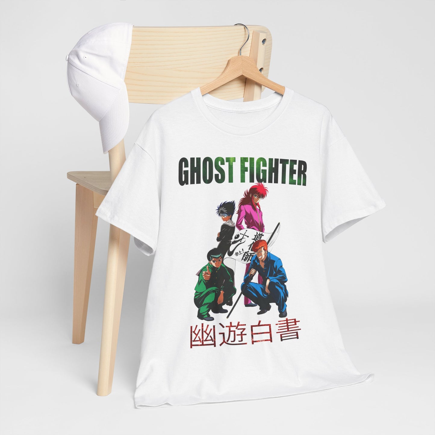 Sophisticated display of the Ghost Fighter t-shirt on a stylish hanger, featuring a vibrant design that captures the essence of beloved anime characters.