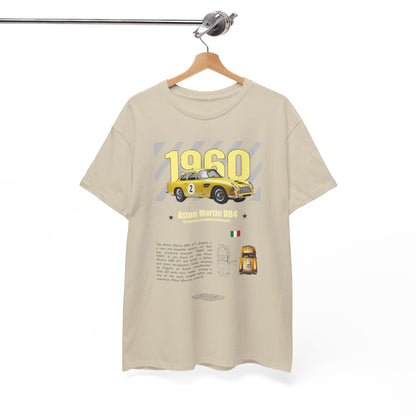 Stylish Aston Martin DB4 GT Zagato men's t-shirt displayed on a hanger, showcasing its vibrant yellow car graphic and elegant design elements, ideal for connoisseurs of premium automotive fashion.