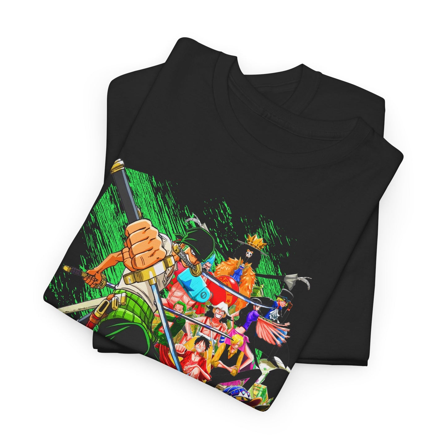 Luxury black One Piece Zoro T-shirt featuring an exquisite graphic print of the iconic swordsman and his crew, ideal for anime enthusiasts.